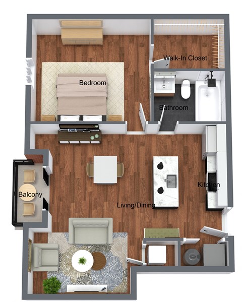 Floor plan for 1 bed, 1 bath, 737 sqft